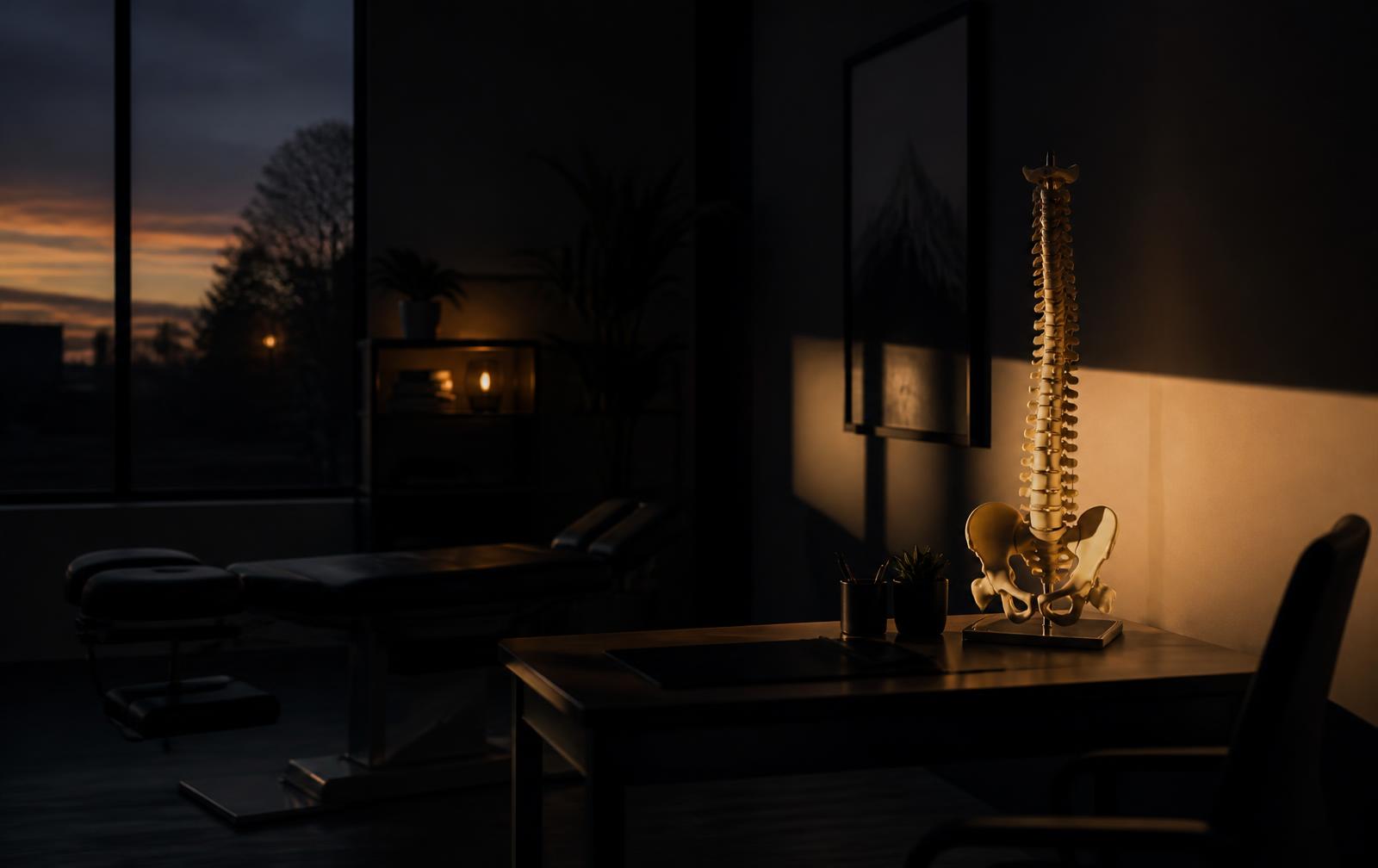 Dark chiropractic consultation room lit by a single warm light beside a spine model